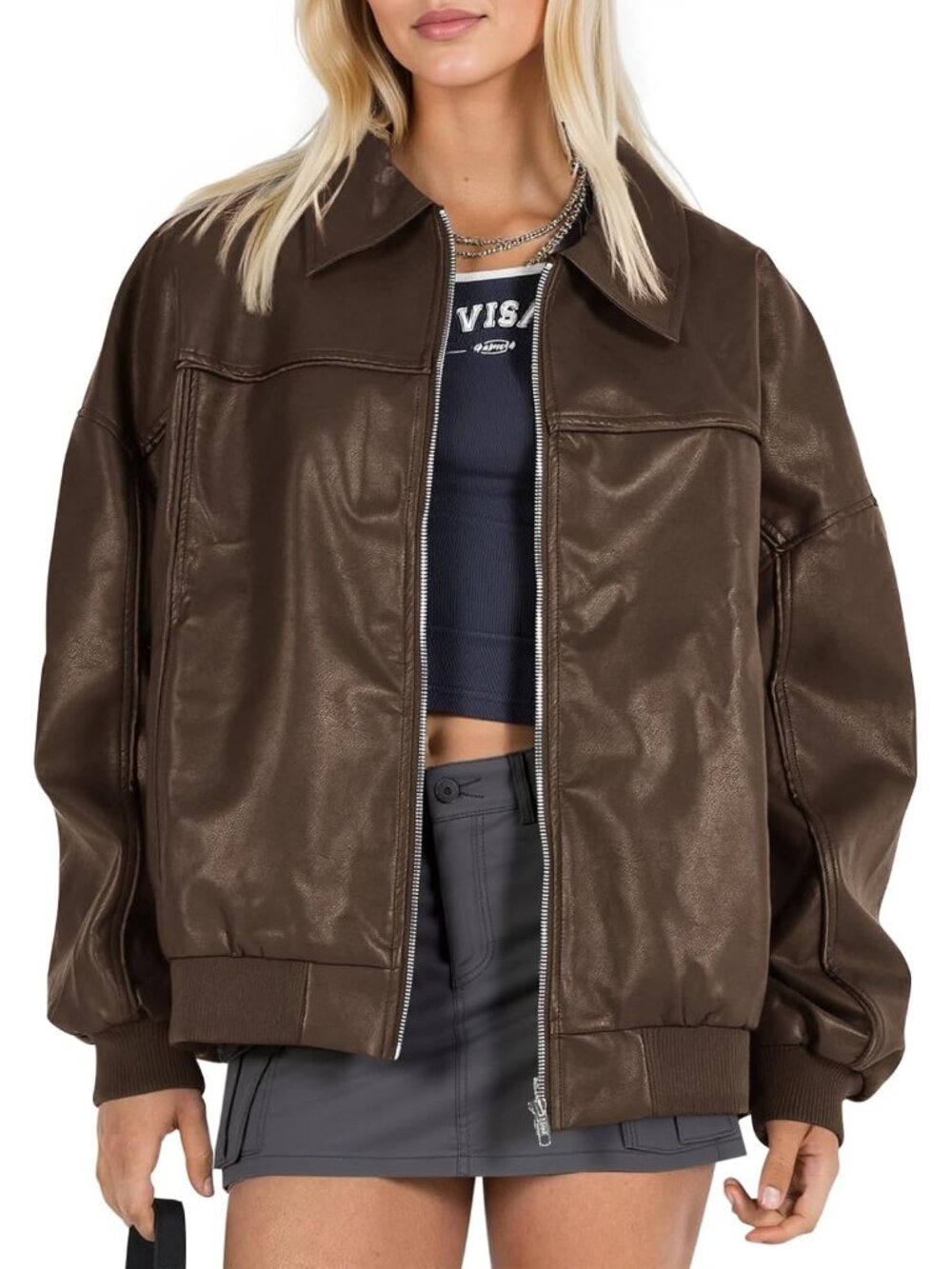 Women's Dark Brown Faux Leather Oversized Bomber Motorcycle Jacket ZIP Up Coat